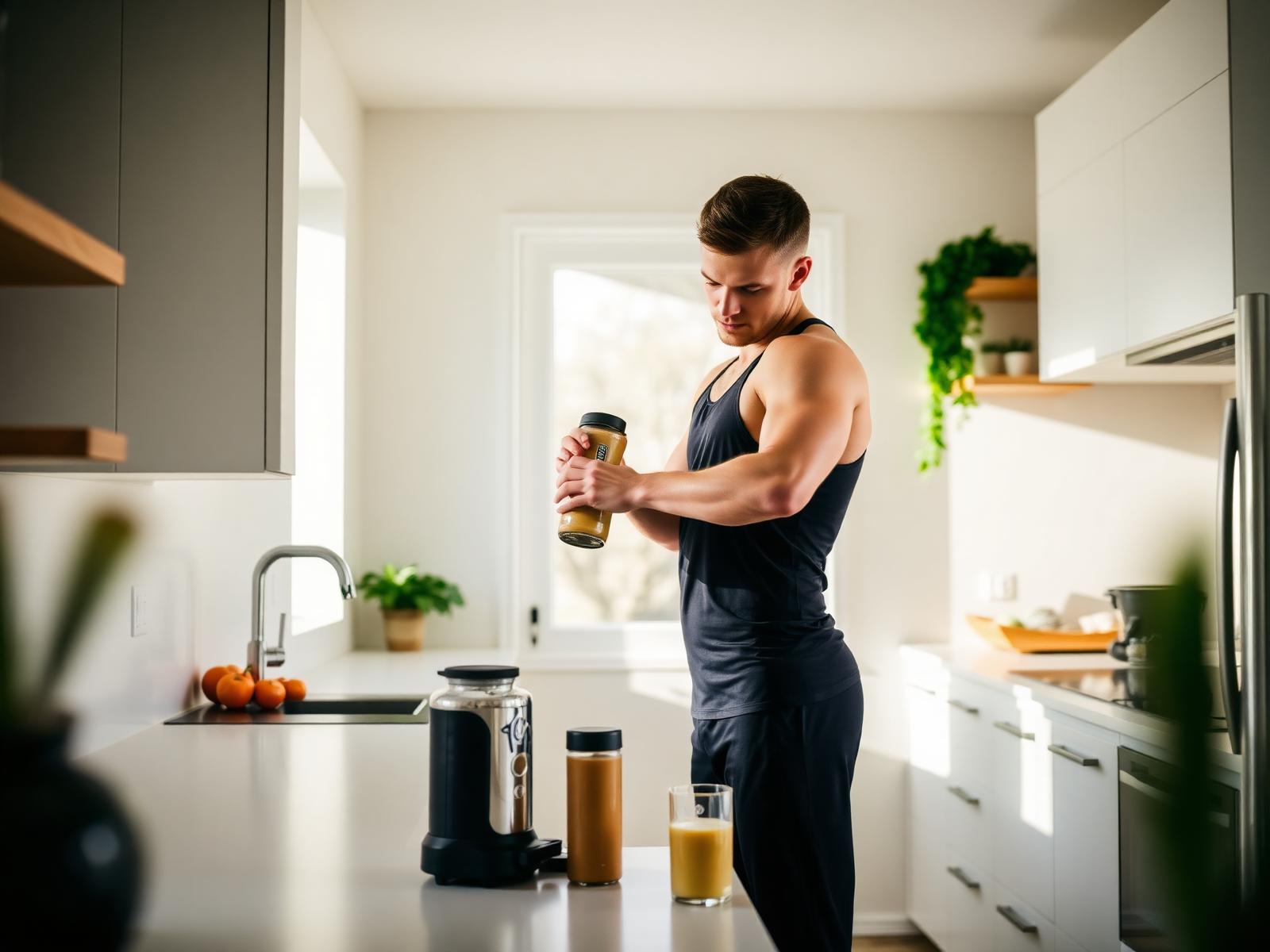 Person mixt einen Proteinshake in einer hellen Küche